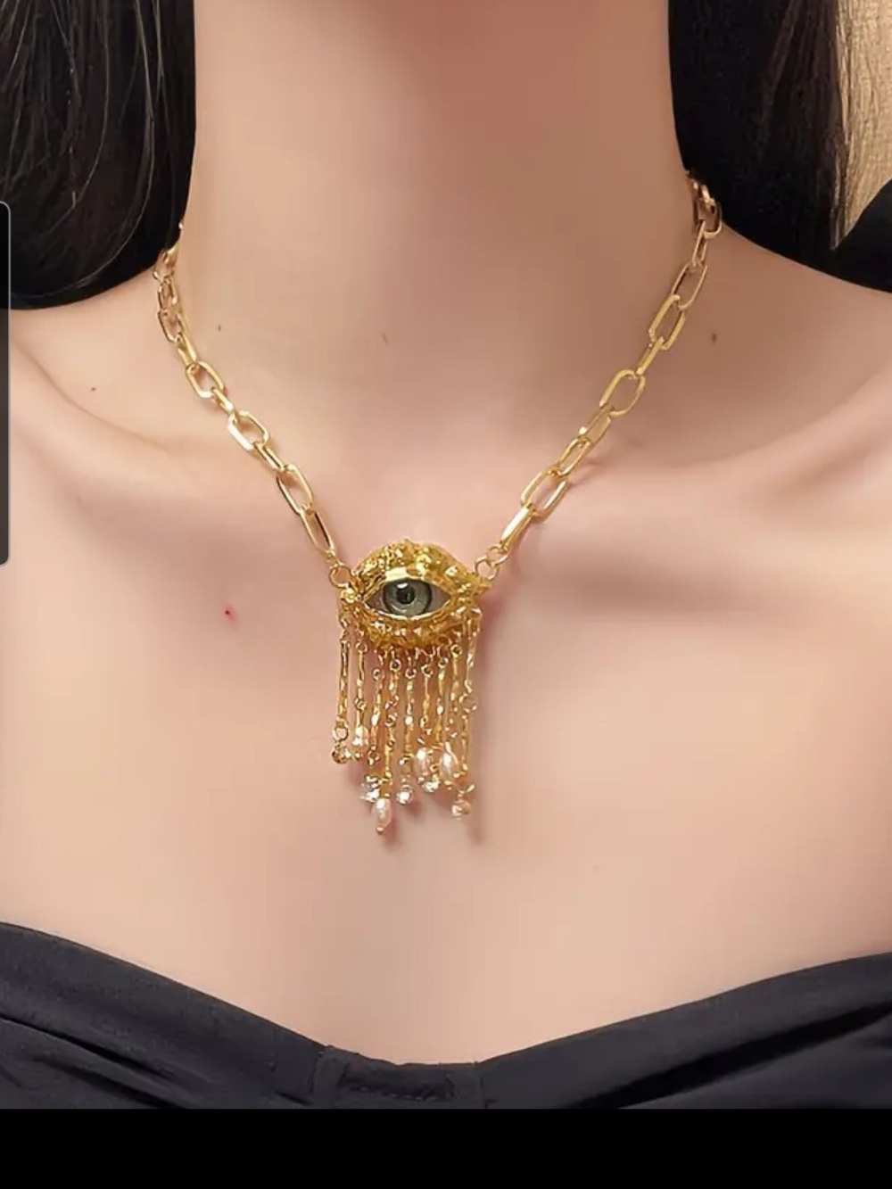 Gold Eye Fringe Chain Necklace - Women's Jewelry